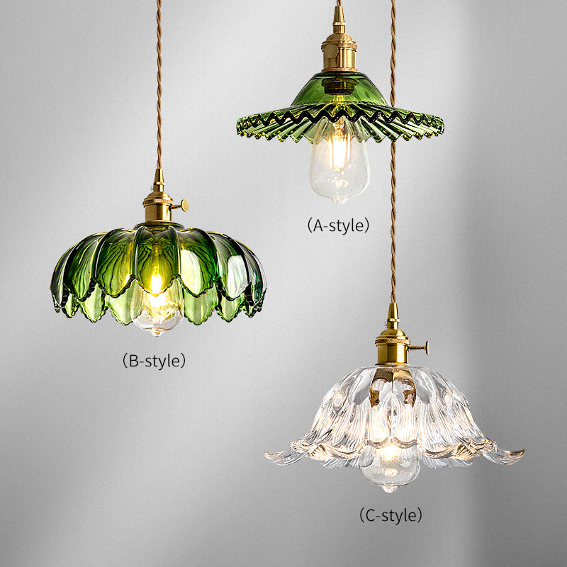 Vintage Green Petal Pendant Light with Brass Fixture - 3 Designs Available no.9257