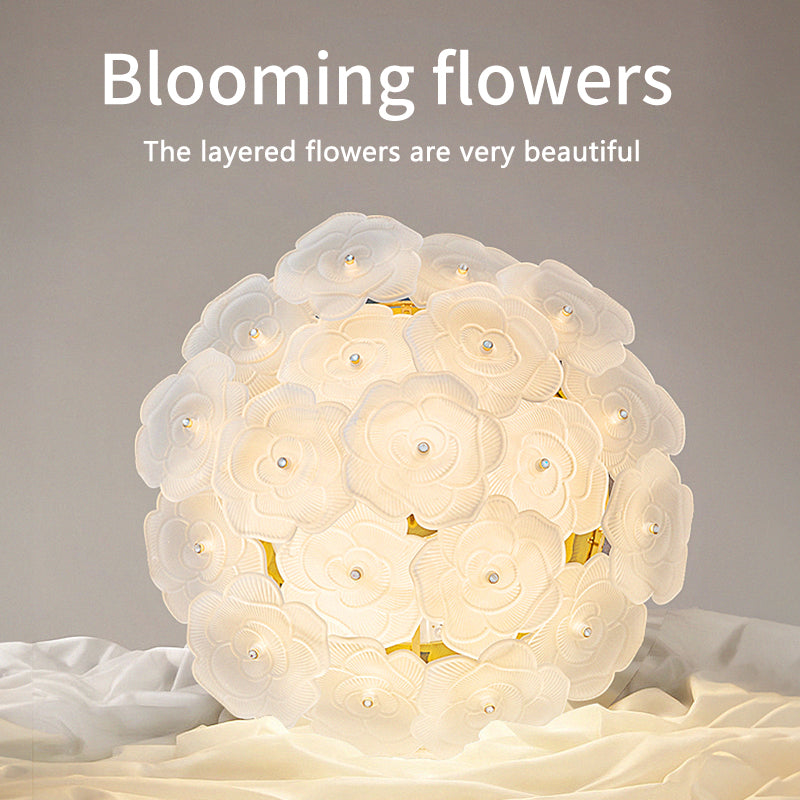 Layered floral ceiling light display.