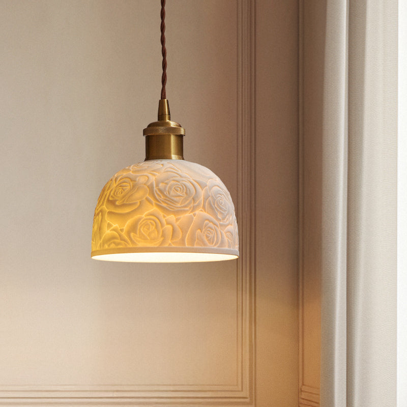 Retro Ceramic Pendant Light with Embossed Rose Design - Warm and Cozy Ambiance no.24068