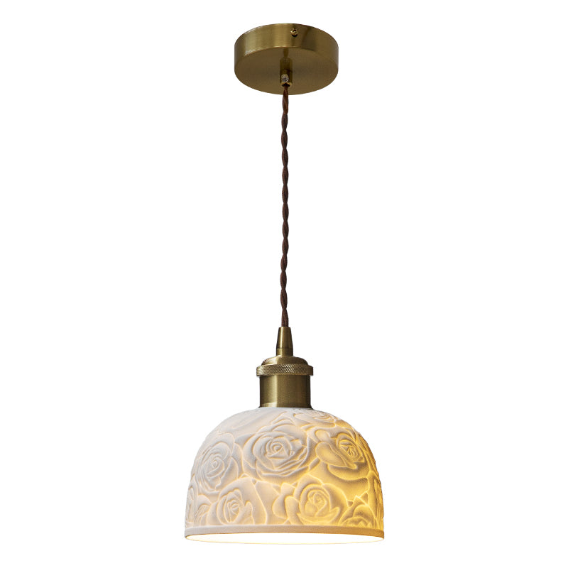 Retro Ceramic Pendant Light with Embossed Rose Design - Warm and Cozy Ambiance no.24068