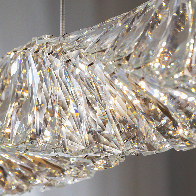 Sparkling crystal dining room chandelier detail