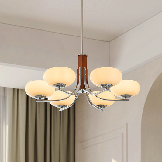 Wood and Chrome Mid-Century 6-Light Modern Chandelier no.9694