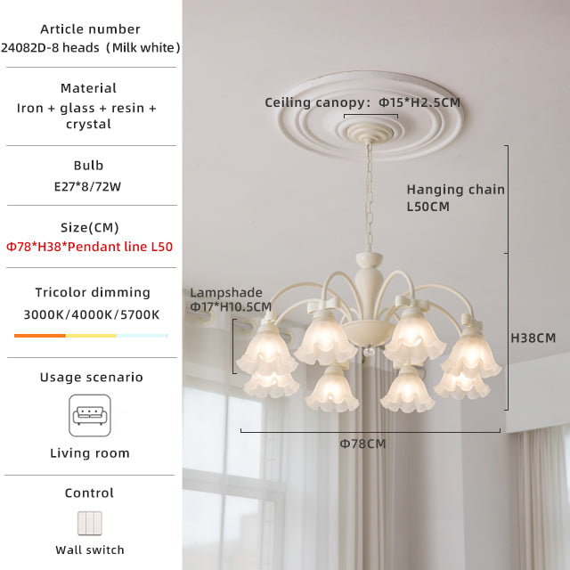 Elegant White Chandelier with Frosted Glass Flower Shades&Bow Accents - 3 Sizes Available no.24082