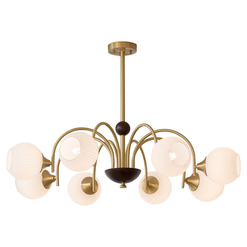 Wood Finish And Brass Wide 8-Light Glass Shade Chandelier no.24026