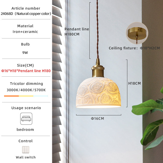 Retro Ceramic Pendant Light with Embossed Rose Design - Warm and Cozy Ambiance no.24068