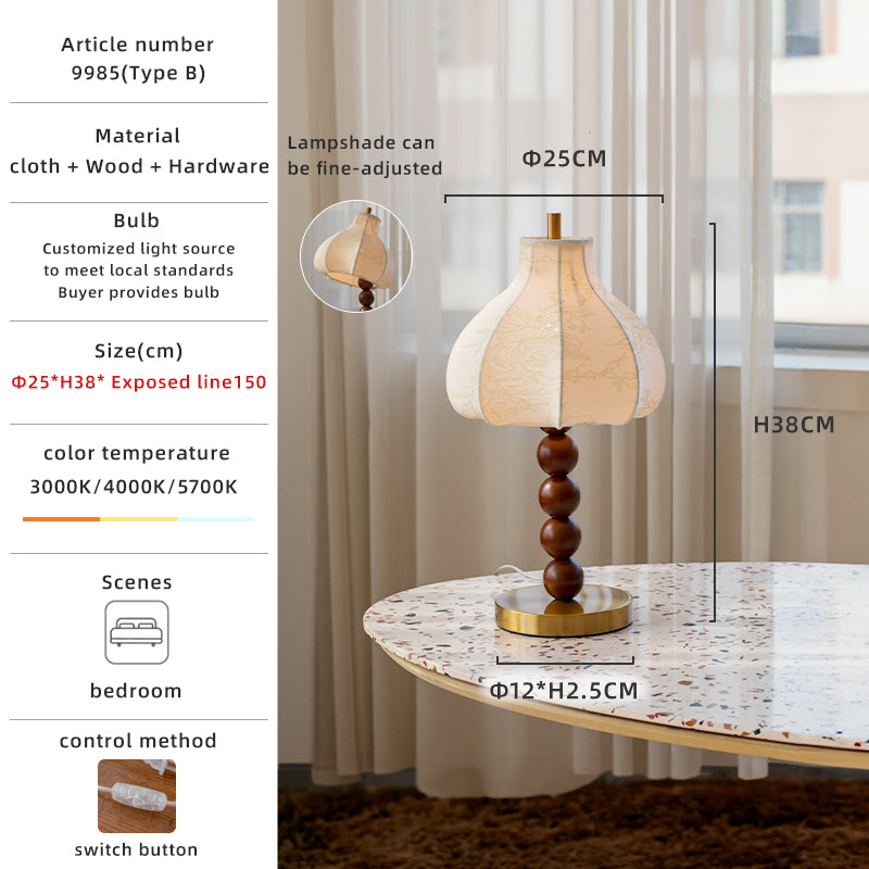 Lantern-shaped fabric lamp with wood beads