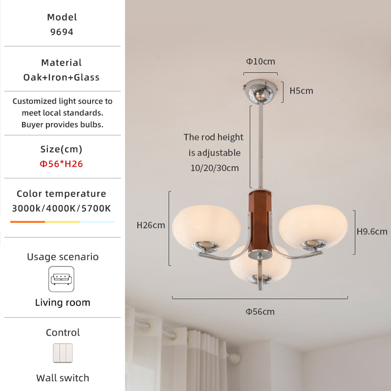 Wood and Chrome Mid-Century 6-Light Modern Chandelier no.9694