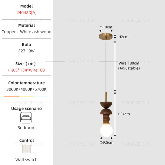 Modern Mid-Century Pendant Light - Ash Wood Finish no.24042