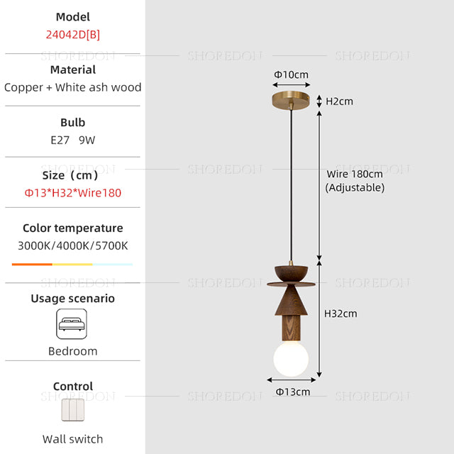 Modern Mid-Century Pendant Light - Ash Wood Finish no.24042