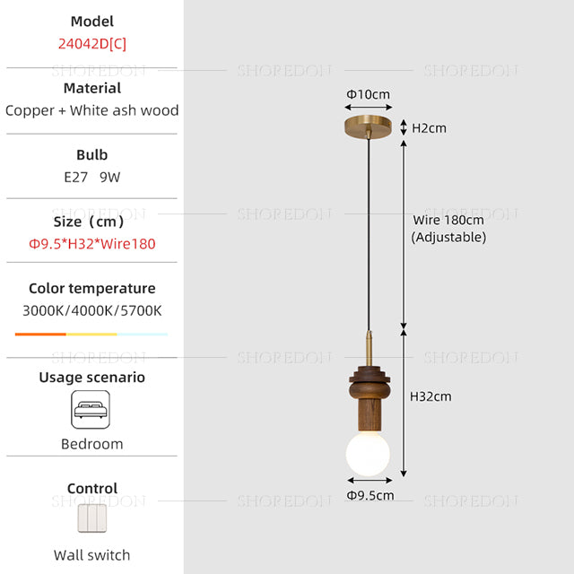 Modern Mid-Century Pendant Light - Ash Wood Finish no.24042