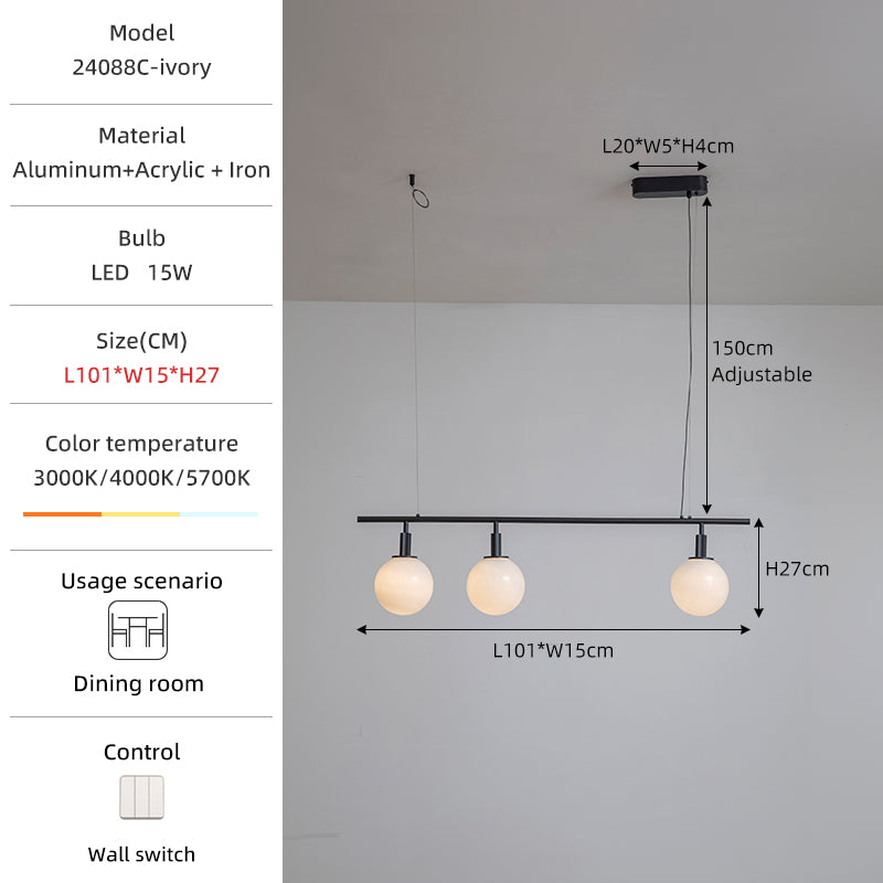 Modern spherical dining room chandelier with white trumpet